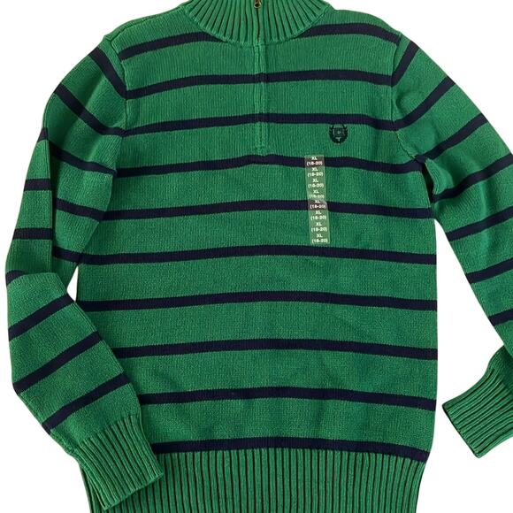 Chaps Sweater Boys XL 18-20 Zip Mock Neck Kelly Green Navy Striped Holiday - Picture 1 of 5